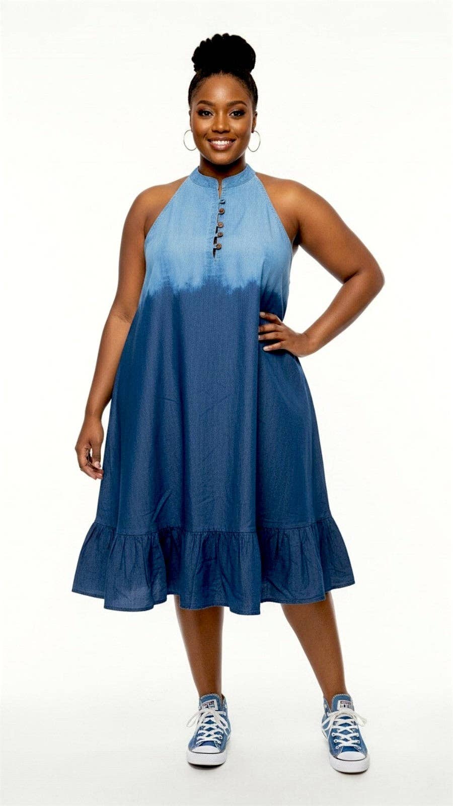 Haltered Neck Bottton Middi Dress Two Tone  Denim